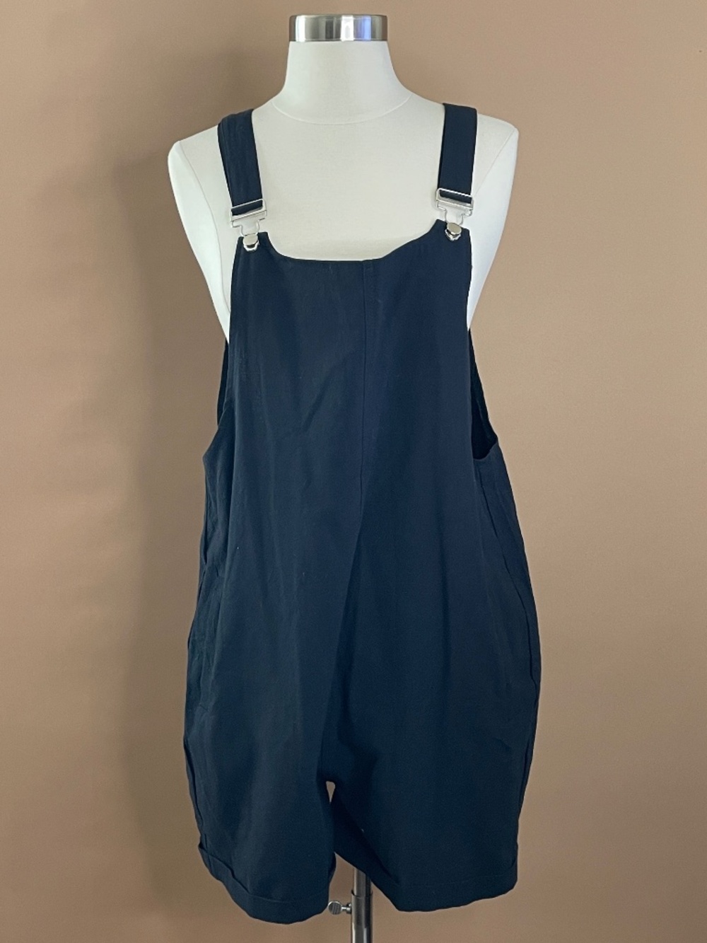 Black Linen Blend Overall Romper L Adjustable Strap Boho Minimalist